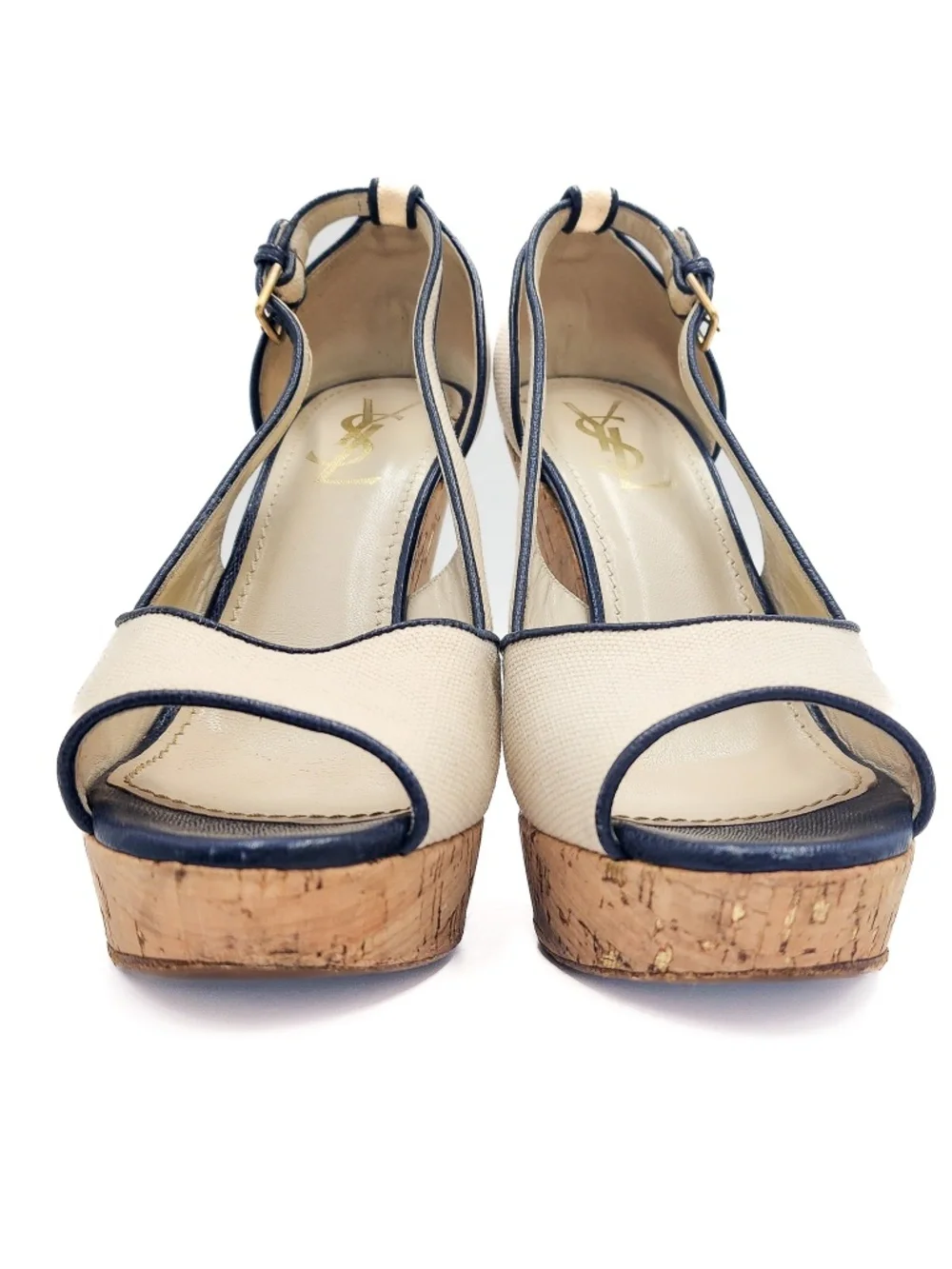 YSL Yves Saint Laurent Canvass Cork Platform Wedge Open Toe Shoes EU 38